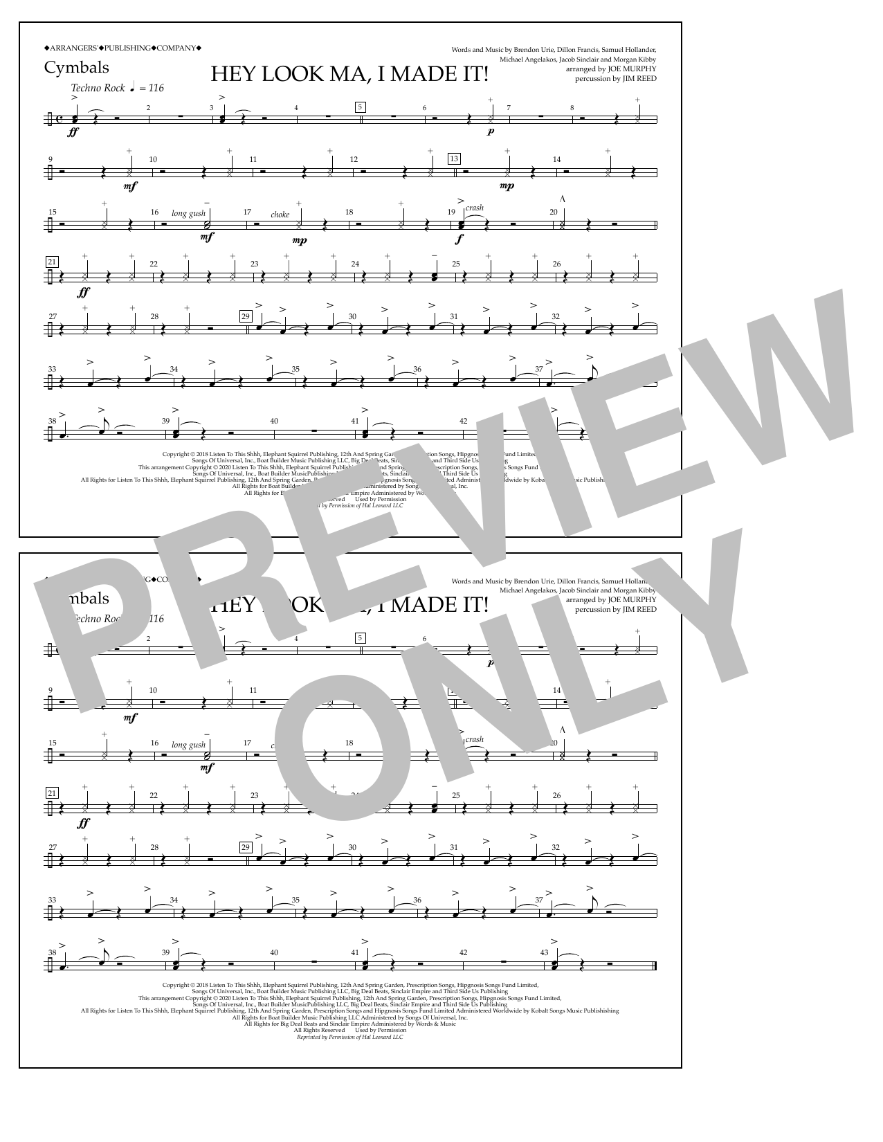 Panic! At The Disco Hey Look Ma, I Made It (arr. Joe Murphy) - Cymbals Sheet Music Notes & Chords for Marching Band - Download or Print PDF