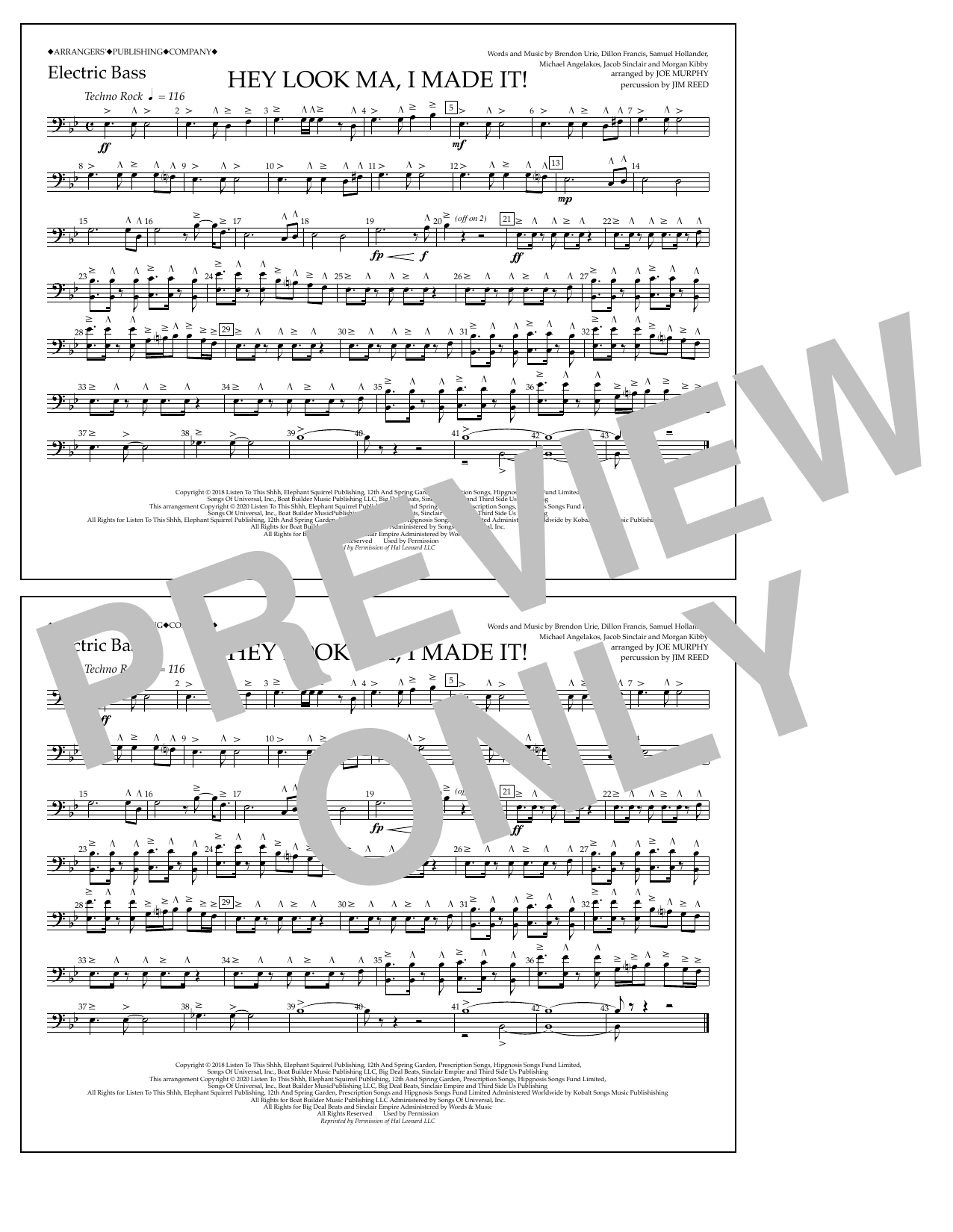 Panic! At The Disco Hey Look Ma, I Made It (arr. Joe Murphy) - Electric Bass Sheet Music Notes & Chords for Marching Band - Download or Print PDF