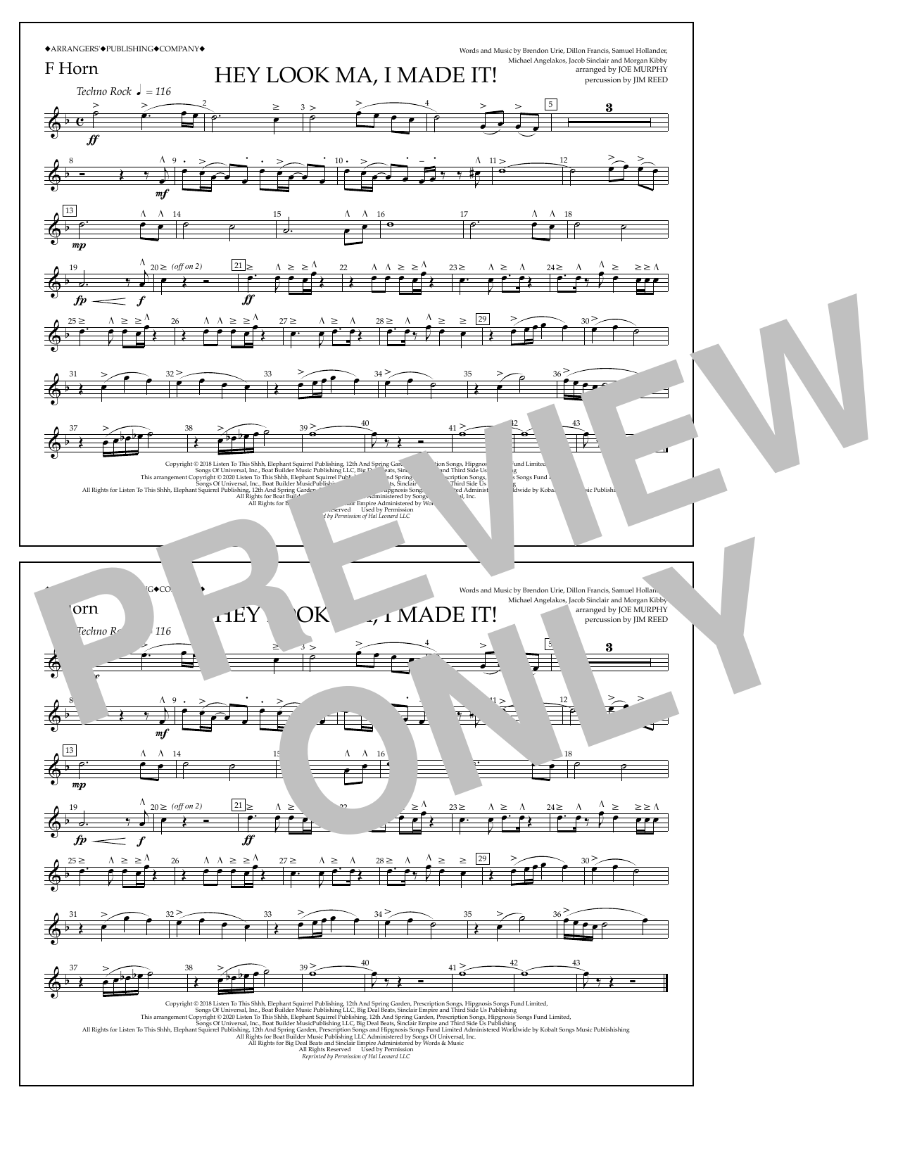 Panic! At The Disco Hey Look Ma, I Made It (arr. Joe Murphy) - F Horn Sheet Music Notes & Chords for Marching Band - Download or Print PDF