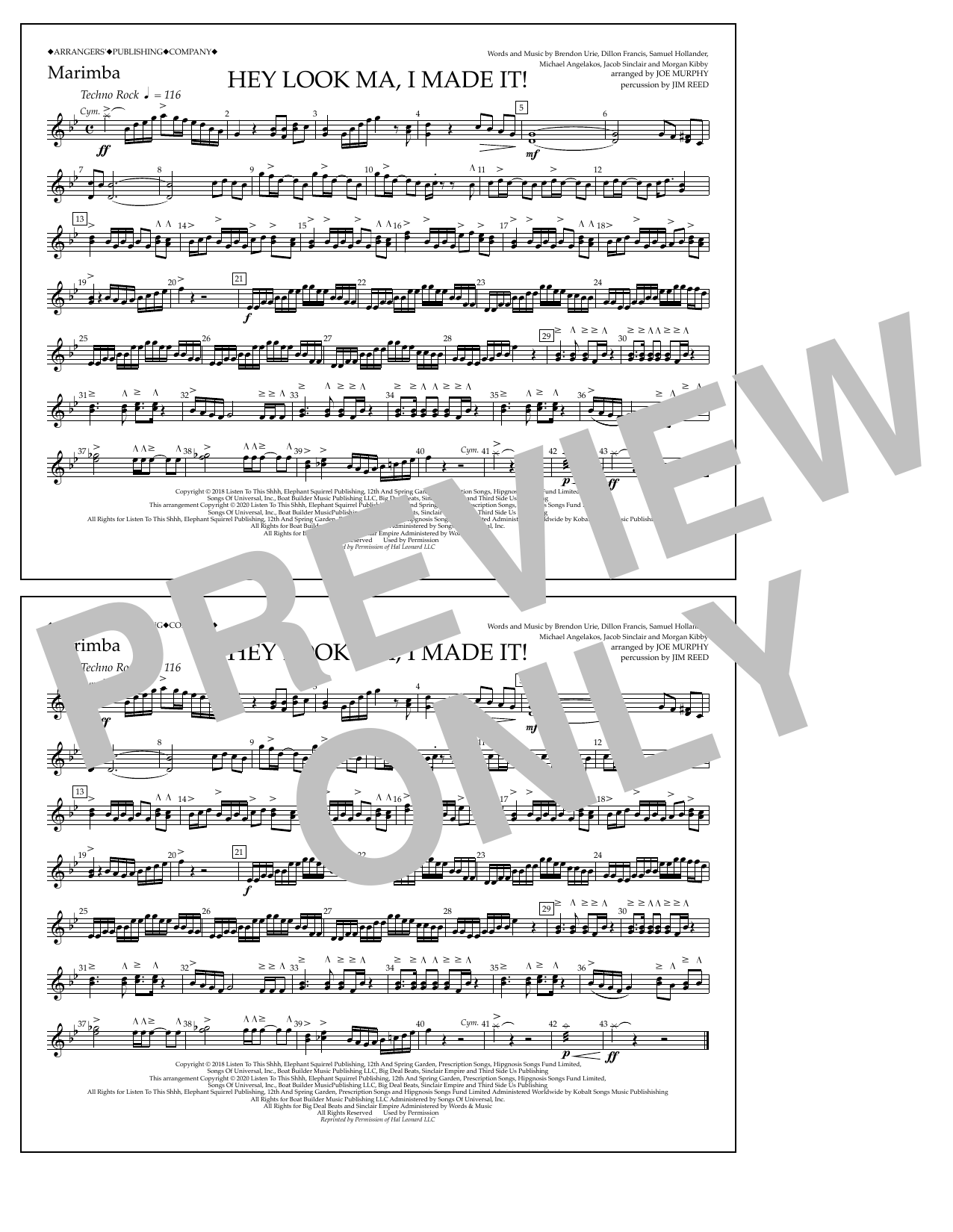 Panic! At The Disco Hey Look Ma, I Made It (arr. Joe Murphy) - Marimba Sheet Music Notes & Chords for Marching Band - Download or Print PDF