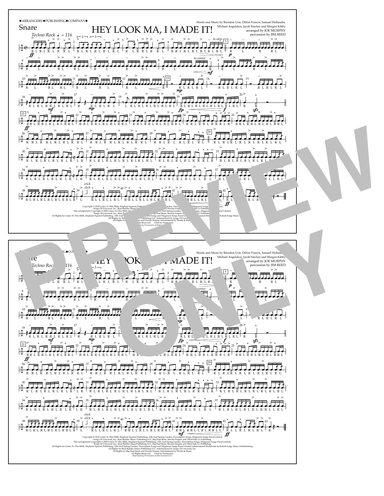 Panic! At The Disco Hey Look Ma, I Made It (arr. Joe Murphy) - Snare Sheet Music Notes & Chords for Marching Band - Download or Print PDF