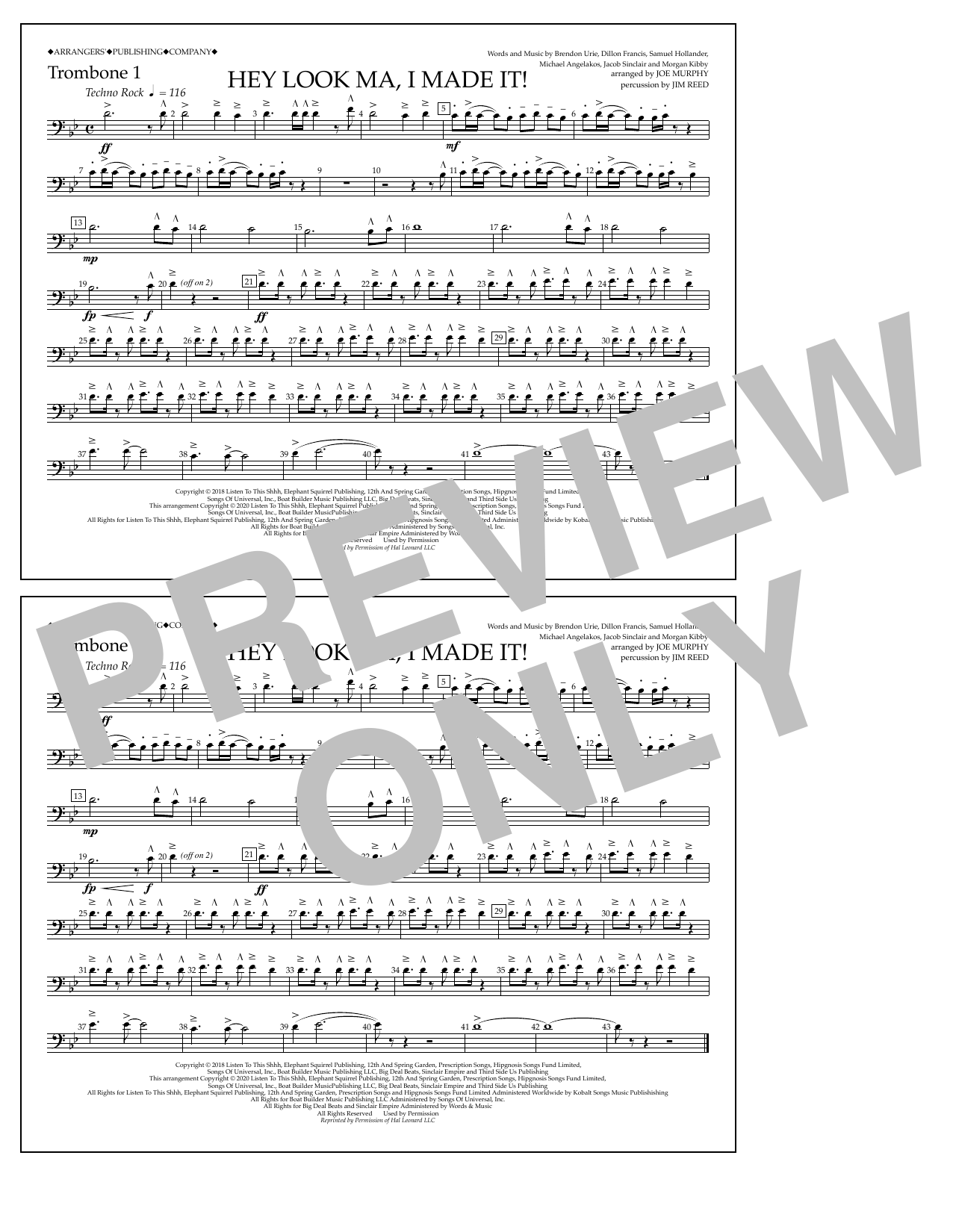 Panic! At The Disco Hey Look Ma, I Made It (arr. Joe Murphy) - Trombone 1 Sheet Music Notes & Chords for Marching Band - Download or Print PDF