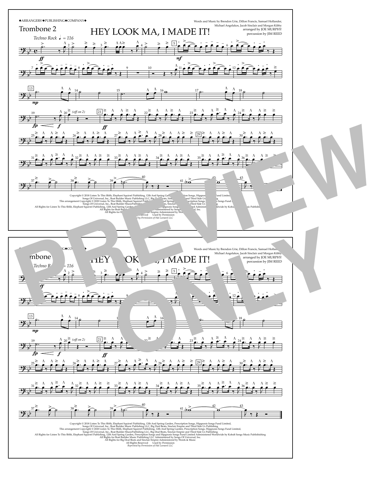 Panic! At The Disco Hey Look Ma, I Made It (arr. Joe Murphy) - Trombone 2 Sheet Music Notes & Chords for Marching Band - Download or Print PDF