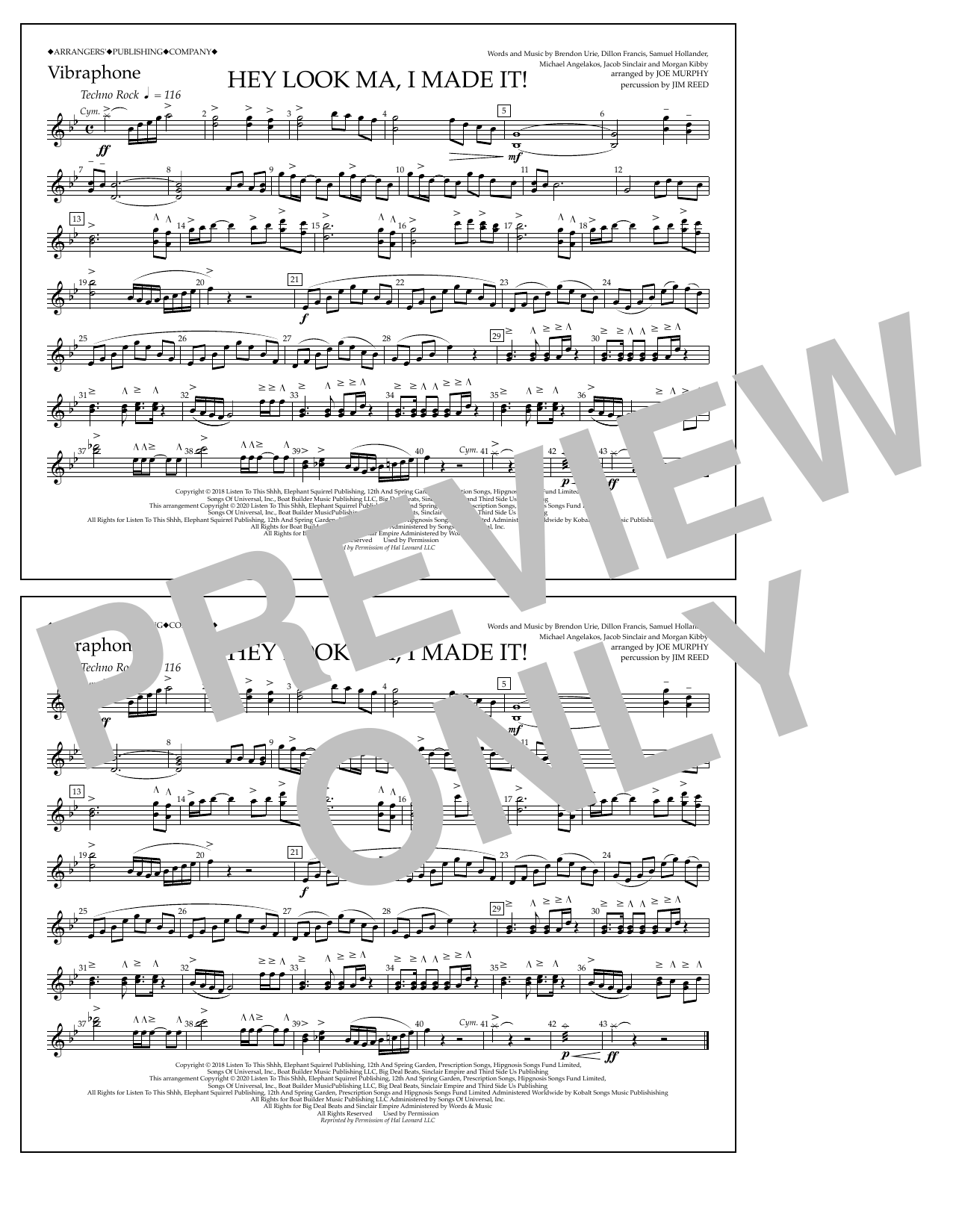 Panic! At The Disco Hey Look Ma, I Made It (arr. Joe Murphy) - Vibraphone Sheet Music Notes & Chords for Marching Band - Download or Print PDF