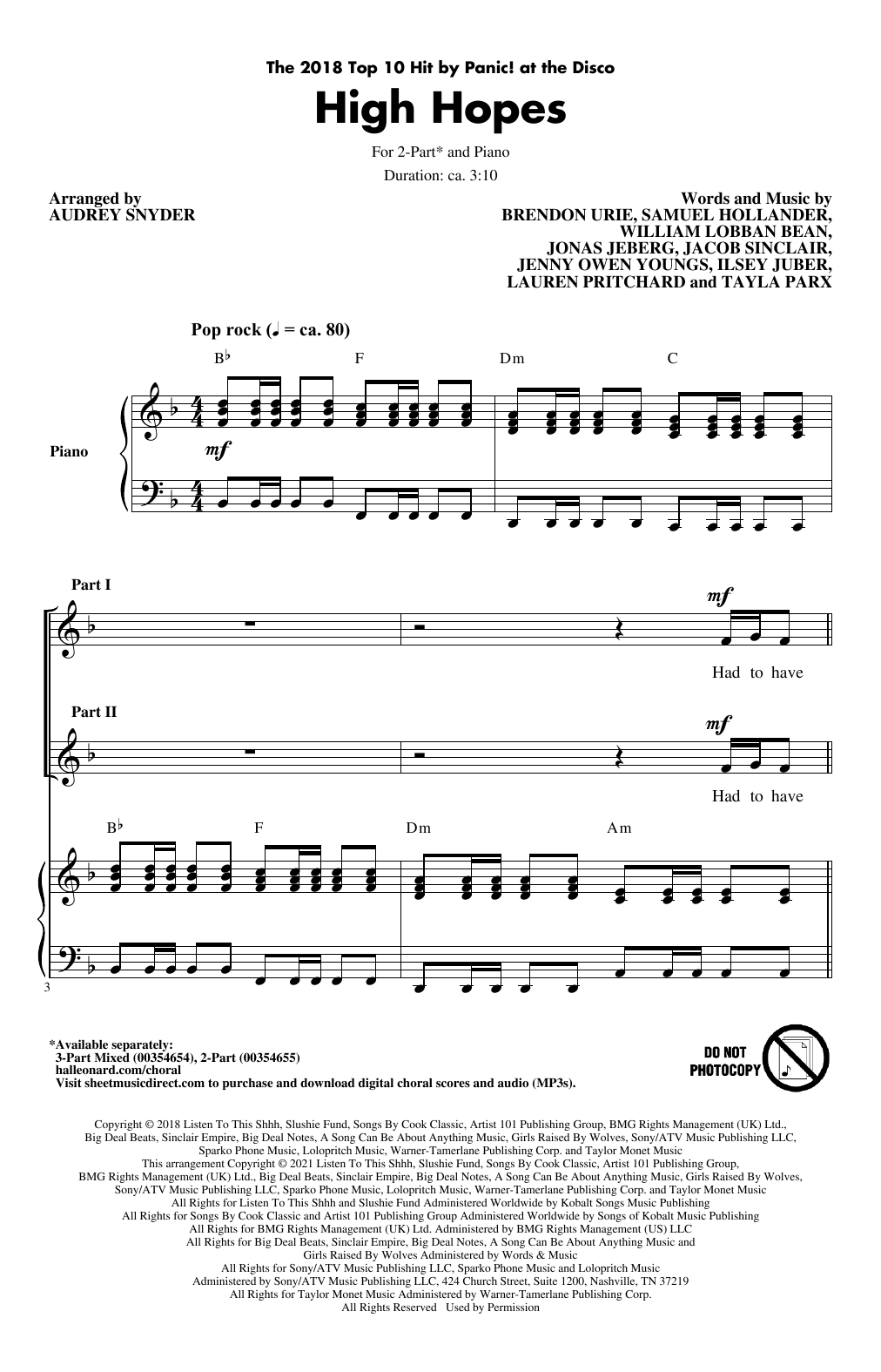 Panic! At The Disco High Hopes (arr. Audrey Snyder) Sheet Music Notes & Chords for 2-Part Choir - Download or Print PDF