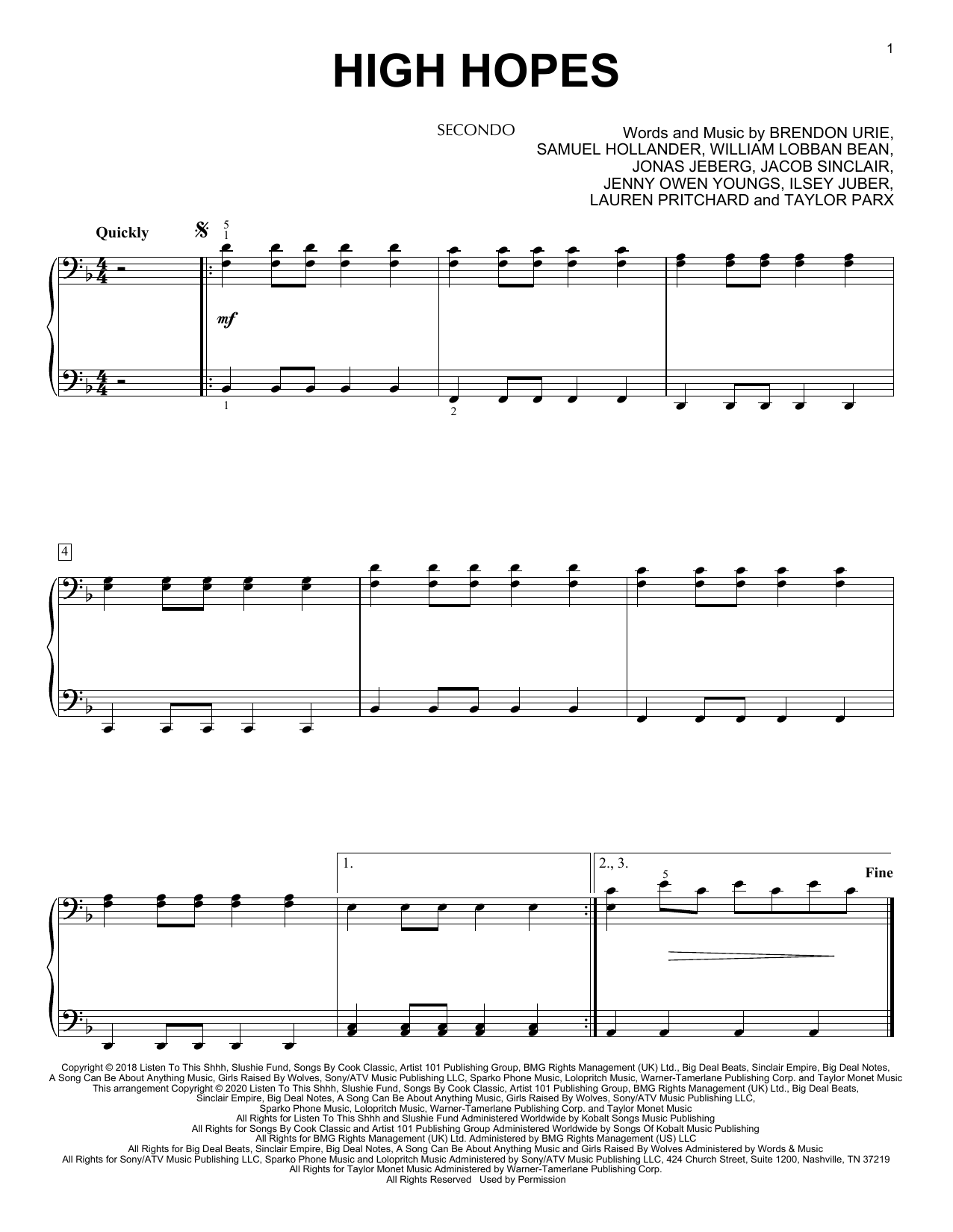 Panic! At The Disco High Hopes (arr. David Pearl) Sheet Music Notes & Chords for Piano Duet - Download or Print PDF