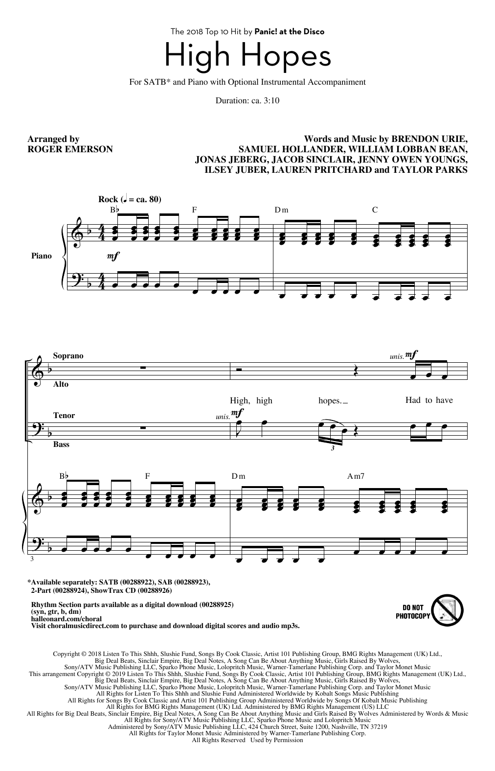 Panic! At The Disco High Hopes (arr. Roger Emerson) Sheet Music Notes & Chords for SAB Choir - Download or Print PDF