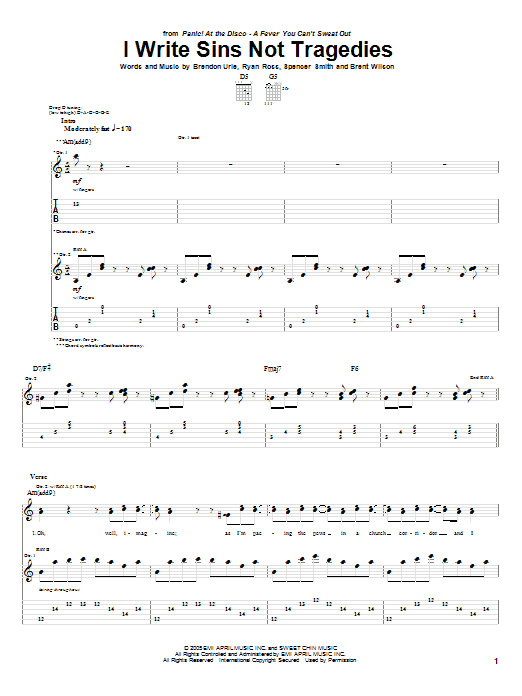 Panic! At The Disco I Write Sins Not Tragedies Sheet Music Notes & Chords for Guitar Tab - Download or Print PDF