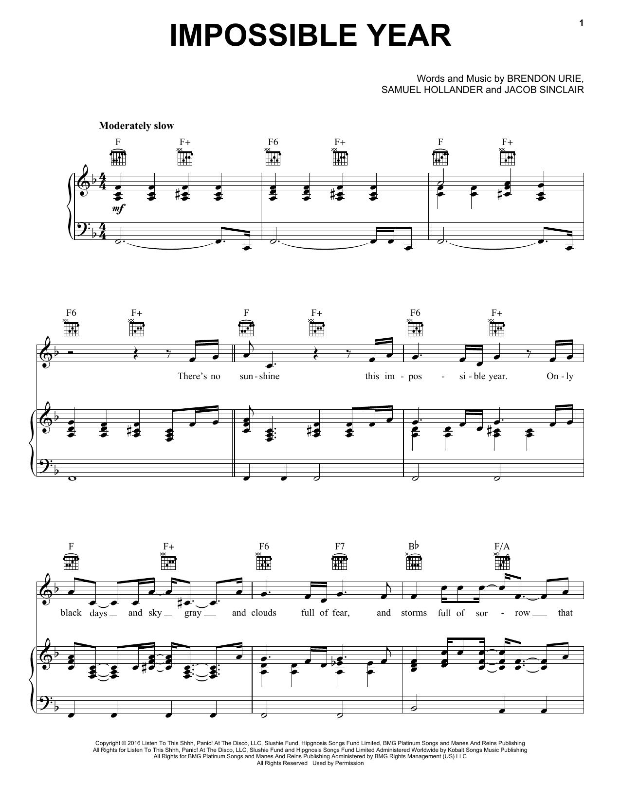 Panic! At The Disco Impossible Year Sheet Music Notes & Chords for Piano, Vocal & Guitar (Right-Hand Melody) - Download or Print PDF