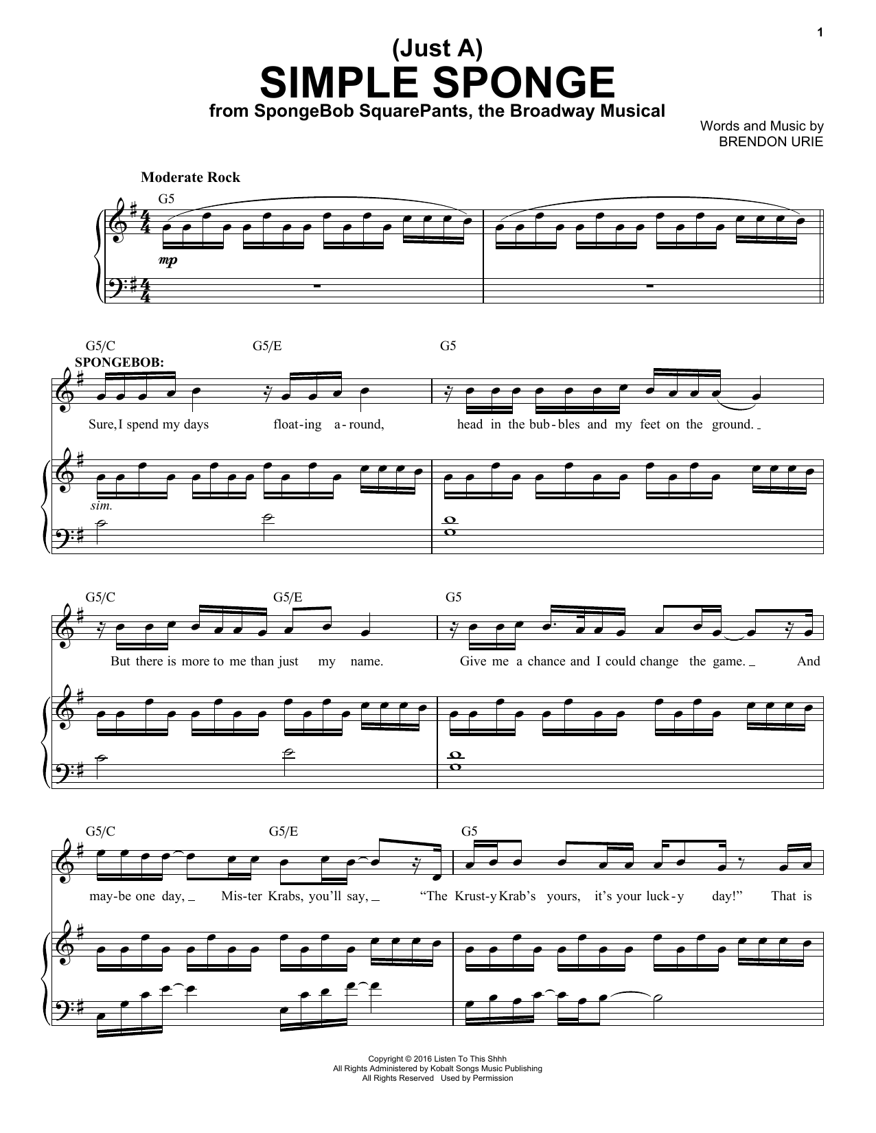 Panic! At The Disco (Just A) Simple Sponge (from Spongebob Squarepants, The Broadway Musical) Sheet Music Notes & Chords for Piano & Vocal - Download or Print PDF