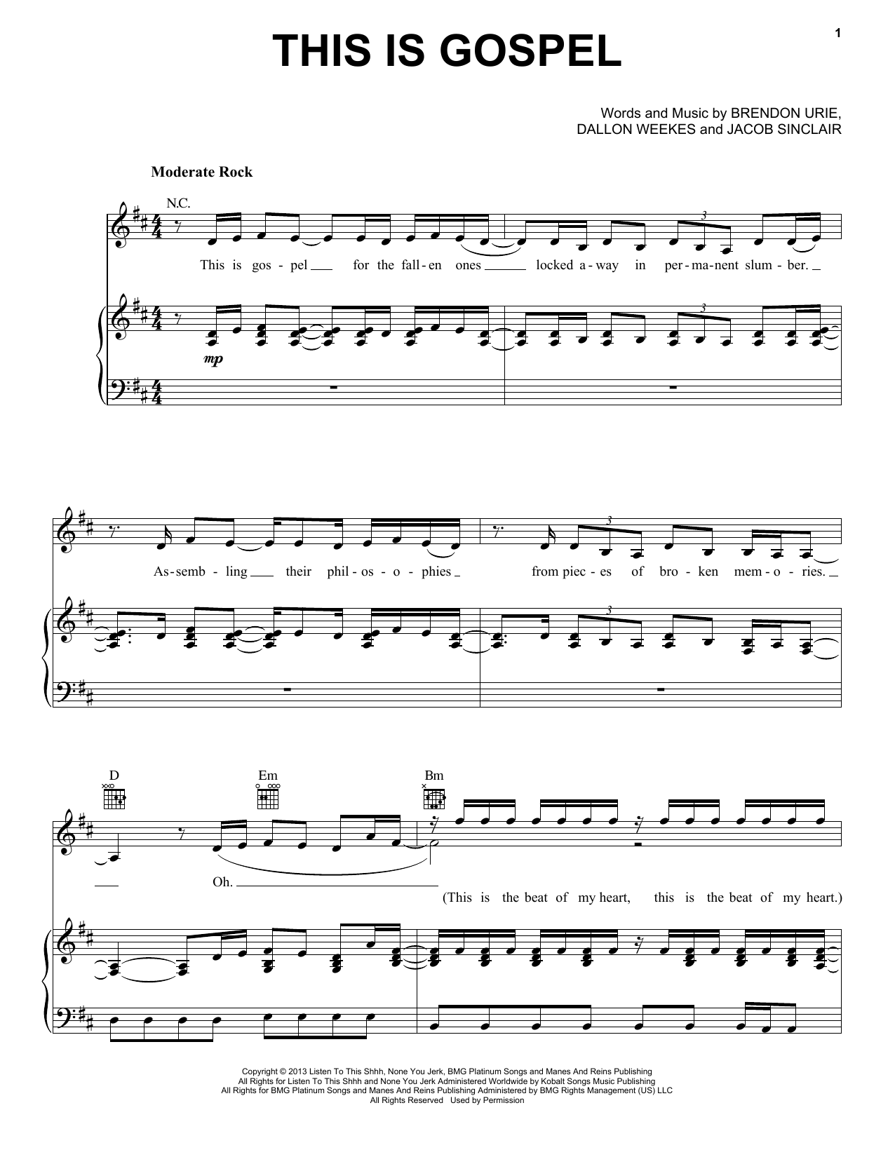 Panic! At The Disco This Is Gospel Sheet Music Notes & Chords for Piano, Vocal & Guitar (Right-Hand Melody) - Download or Print PDF
