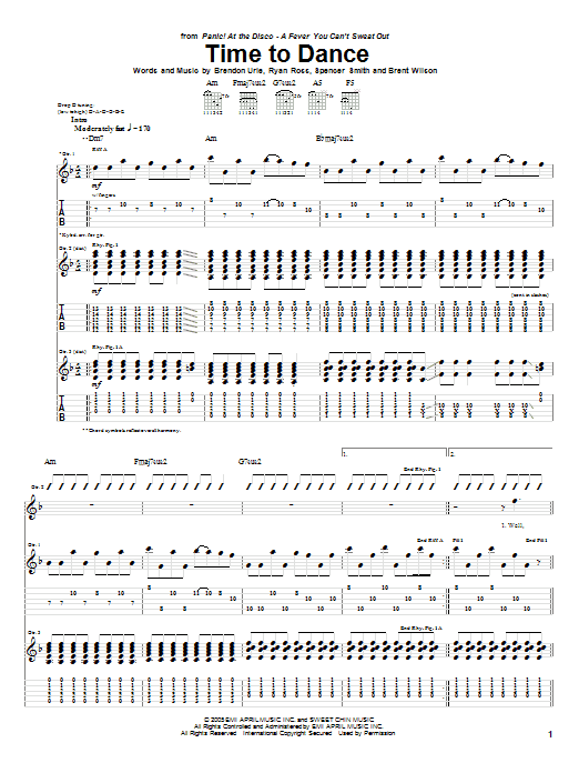Panic! At The Disco Time To Dance Sheet Music Notes & Chords for Guitar Tab - Download or Print PDF
