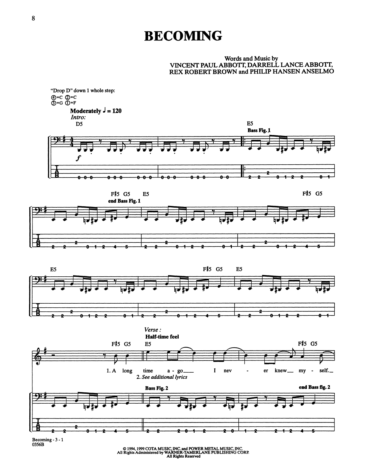 Pantera Becoming Sheet Music Notes & Chords for Bass Guitar Tab - Download or Print PDF