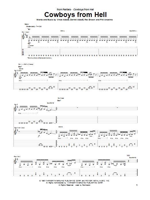 Pantera Cowboys From Hell Sheet Music Notes & Chords for Guitar Tab - Download or Print PDF