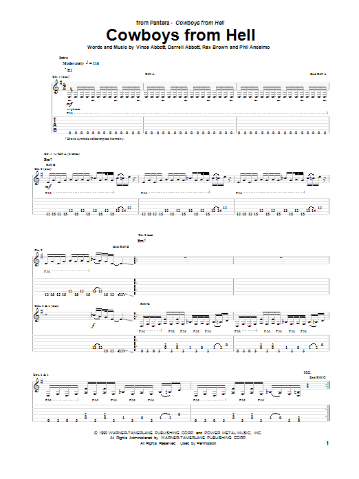 Pantera Cowboys From Hell Sheet Music Notes & Chords for Guitar Tab Play-Along - Download or Print PDF