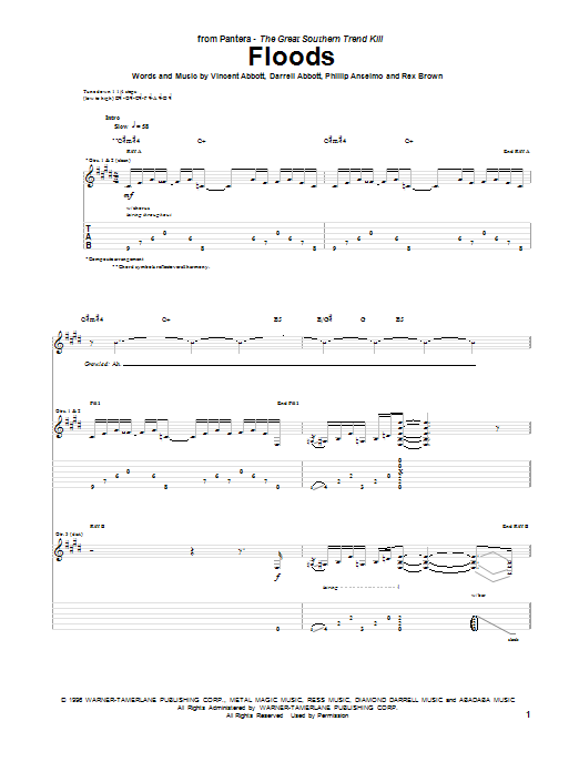Pantera Floods Sheet Music Notes & Chords for Guitar Tab - Download or Print PDF