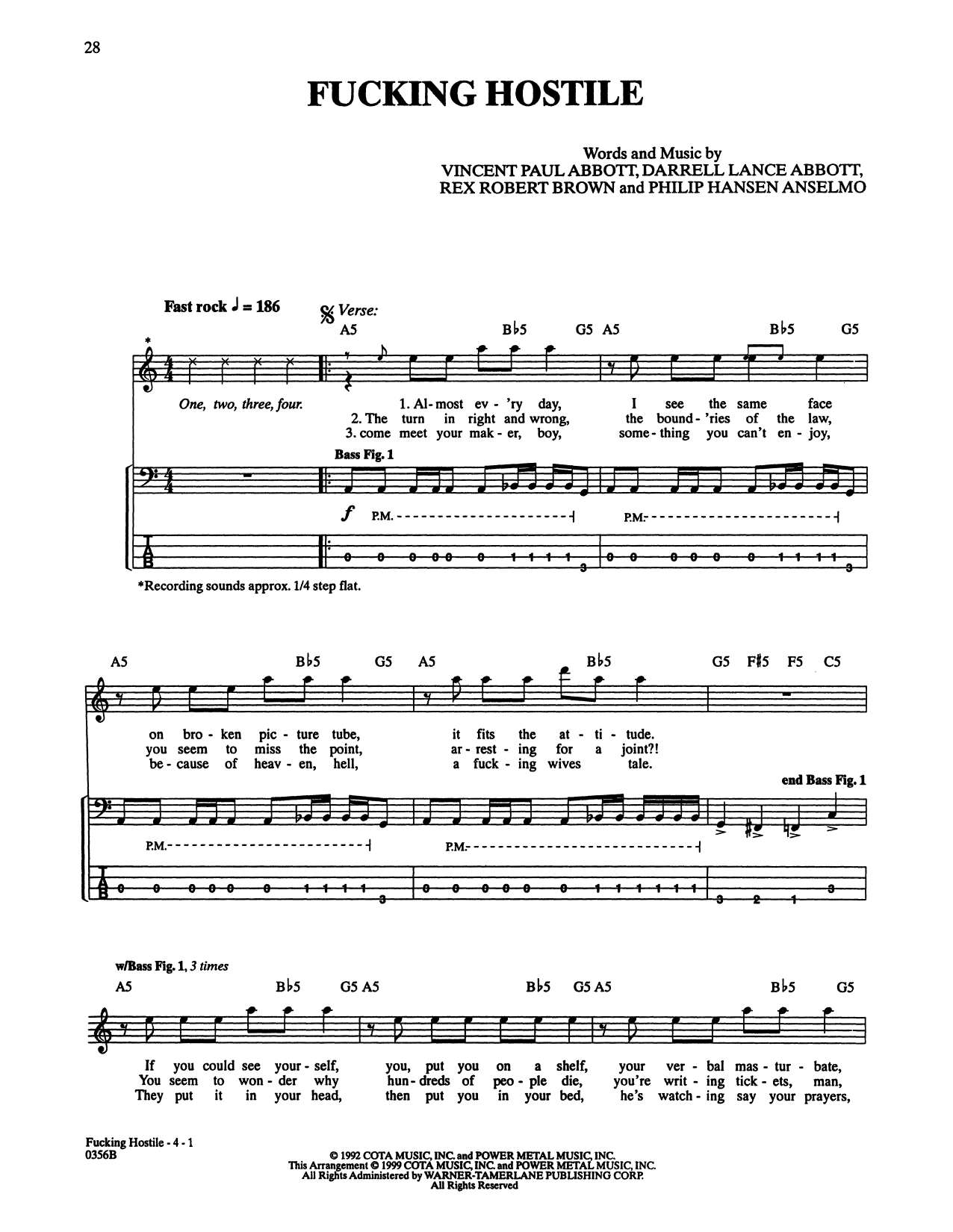 Pantera Fucking Hostile Sheet Music Notes & Chords for Bass Guitar Tab - Download or Print PDF