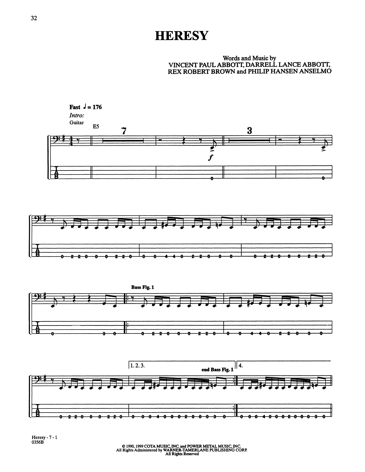 Pantera Heresy Sheet Music Notes & Chords for Bass Guitar Tab - Download or Print PDF