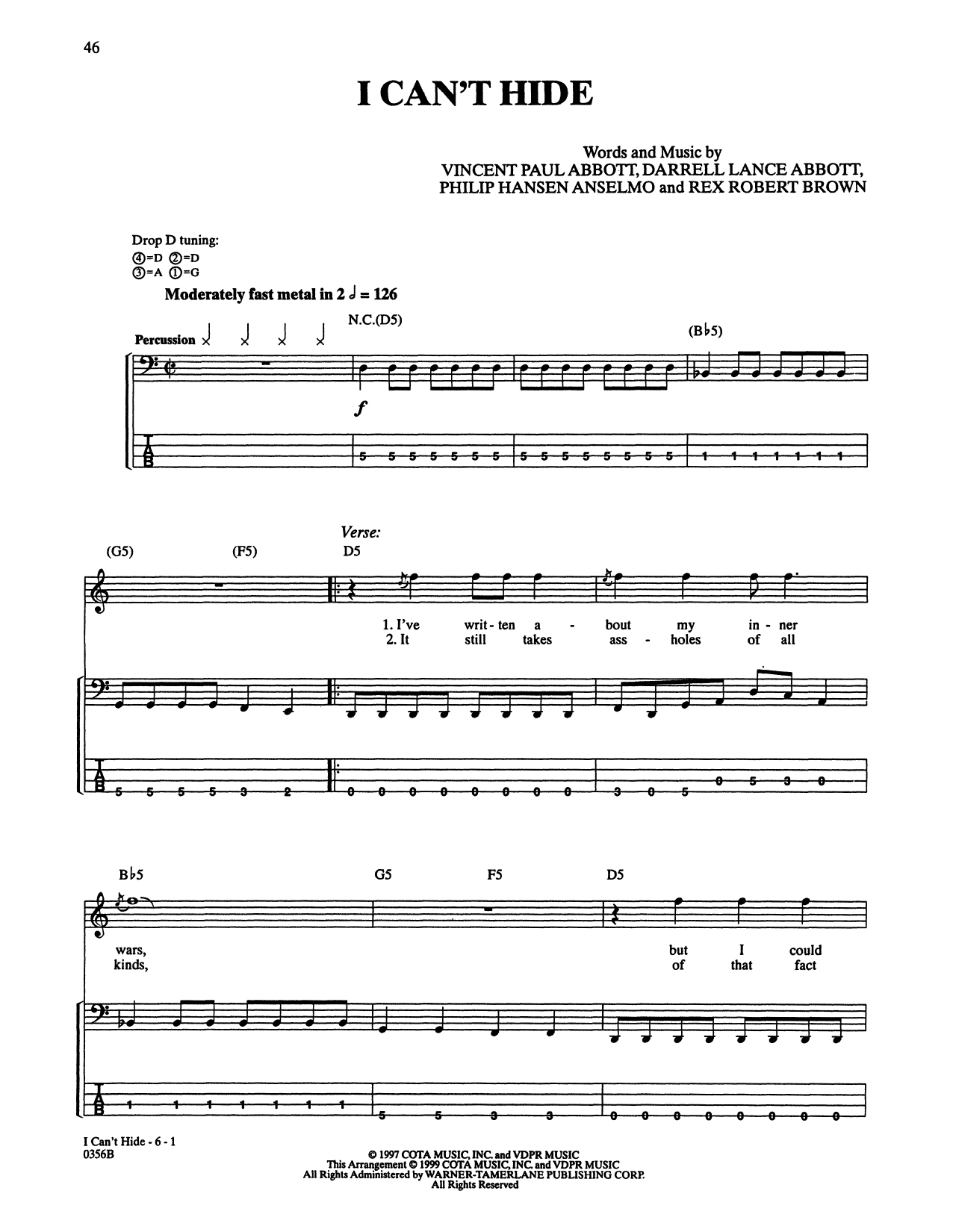 Pantera I Can't Hide Sheet Music Notes & Chords for Bass Guitar Tab - Download or Print PDF