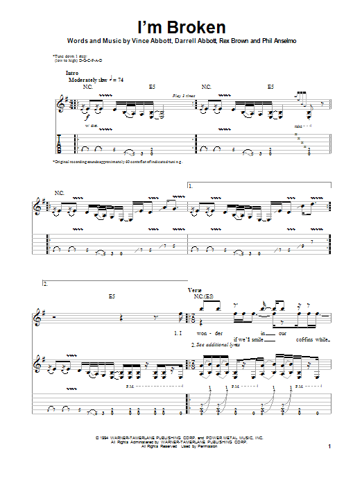 Pantera I'm Broken Sheet Music Notes & Chords for Bass Guitar Tab - Download or Print PDF