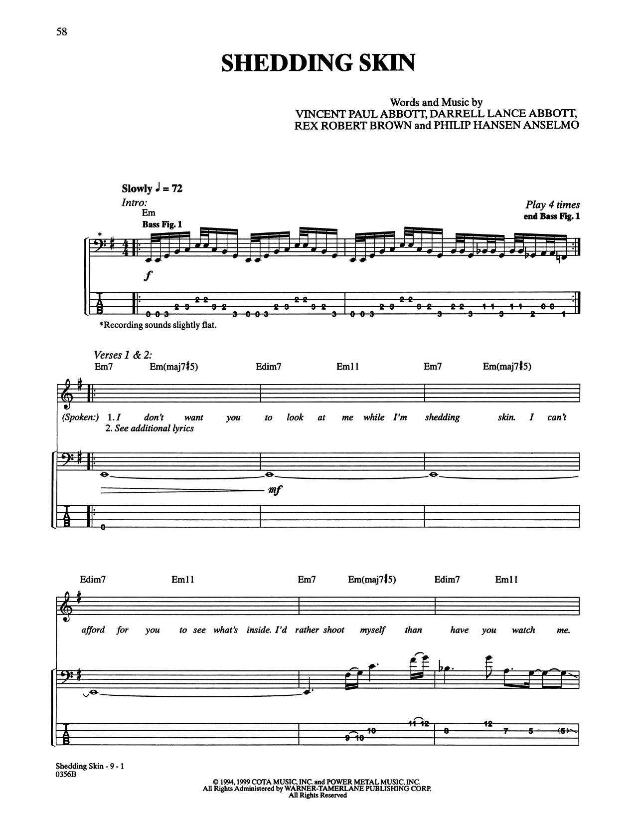 Pantera Shedding Skin Sheet Music Notes & Chords for Bass Guitar Tab - Download or Print PDF
