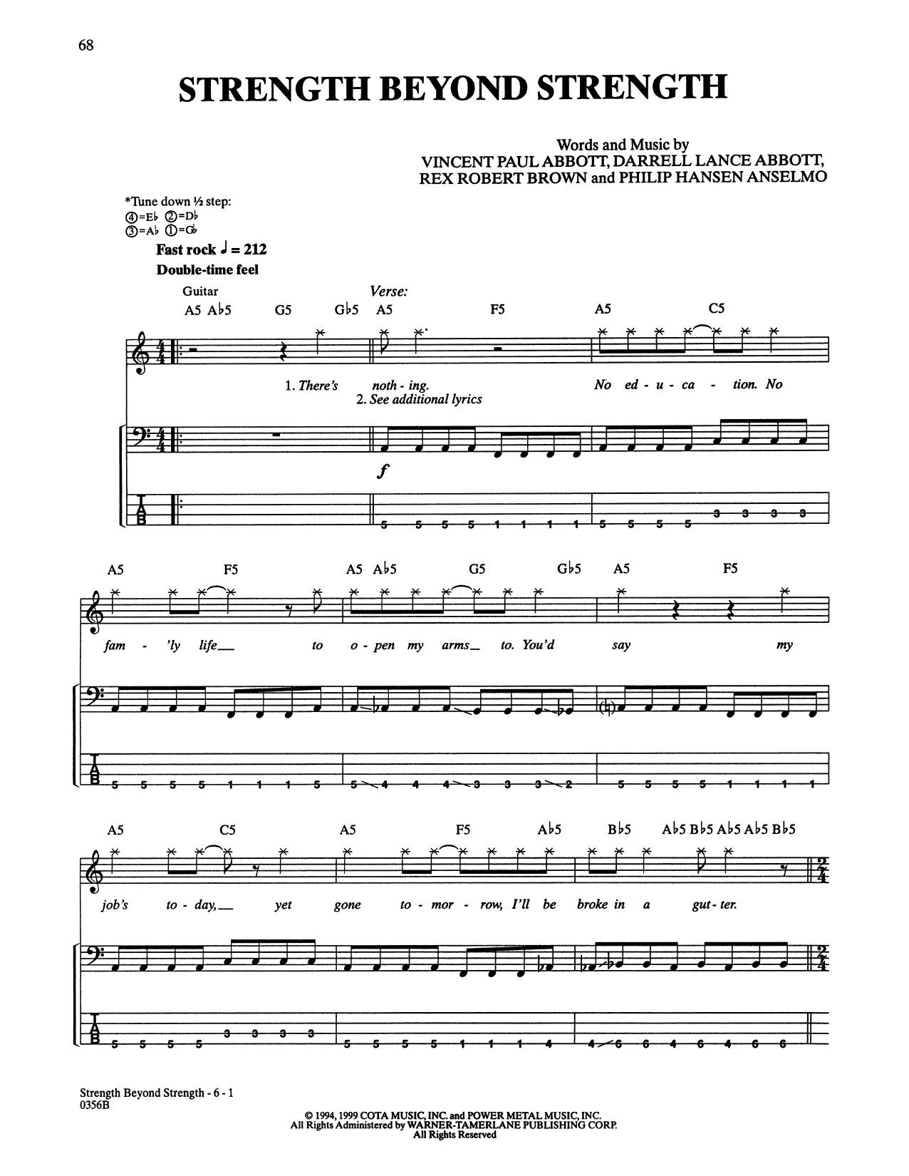 Pantera Strength Beyond Strength Sheet Music Notes & Chords for Bass Guitar Tab - Download or Print PDF