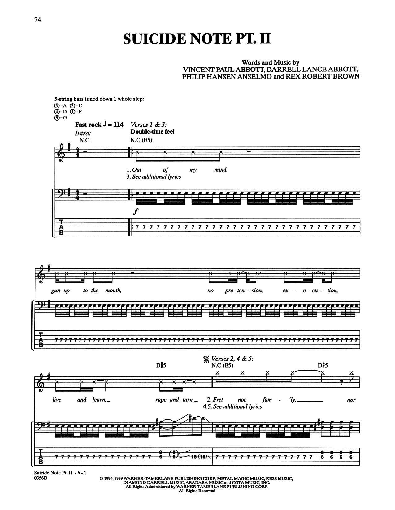 Pantera Suicide Note Pt. II Sheet Music Notes & Chords for Bass Guitar Tab - Download or Print PDF