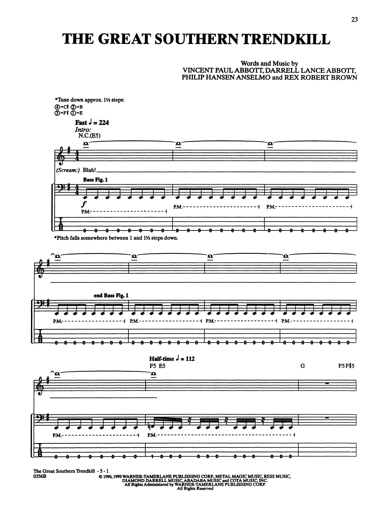 Pantera The Great Southern Trendkill Sheet Music Notes & Chords for Bass Guitar Tab - Download or Print PDF