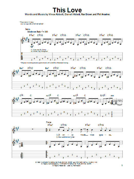 Pantera This Love Sheet Music Notes & Chords for Guitar Tab Play-Along - Download or Print PDF