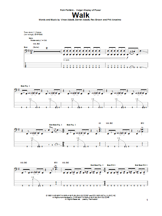 Pantera Walk Sheet Music Notes & Chords for Easy Bass Tab - Download or Print PDF