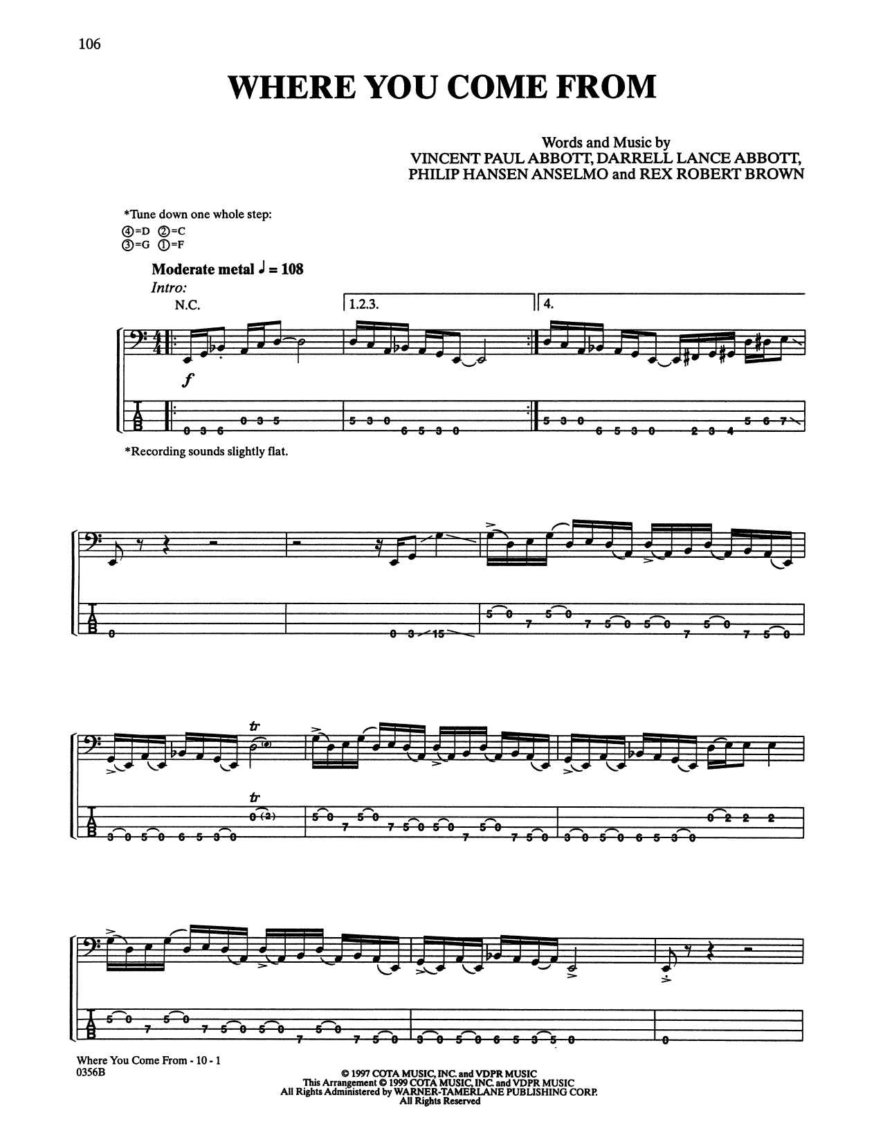 Pantera Where You Come From Sheet Music Notes & Chords for Bass Guitar Tab - Download or Print PDF