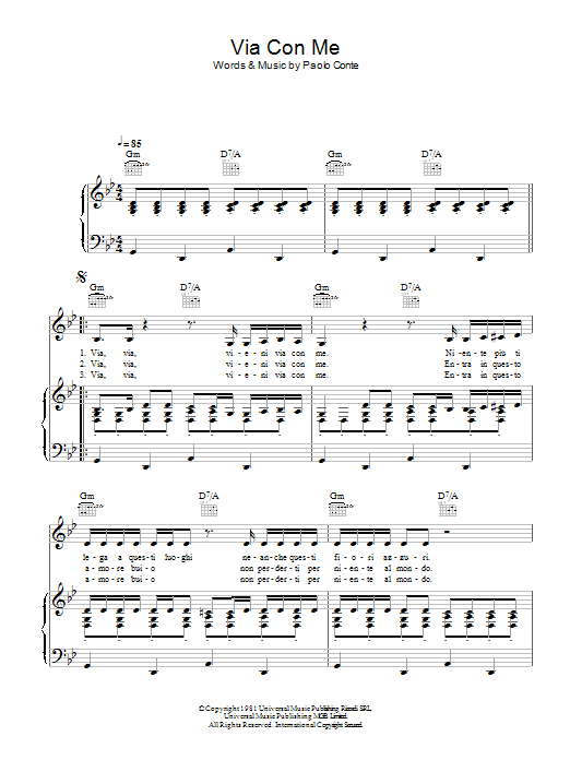 Paolo Conte Via Con Me Sheet Music Notes & Chords for Piano, Vocal & Guitar (Right-Hand Melody) - Download or Print PDF