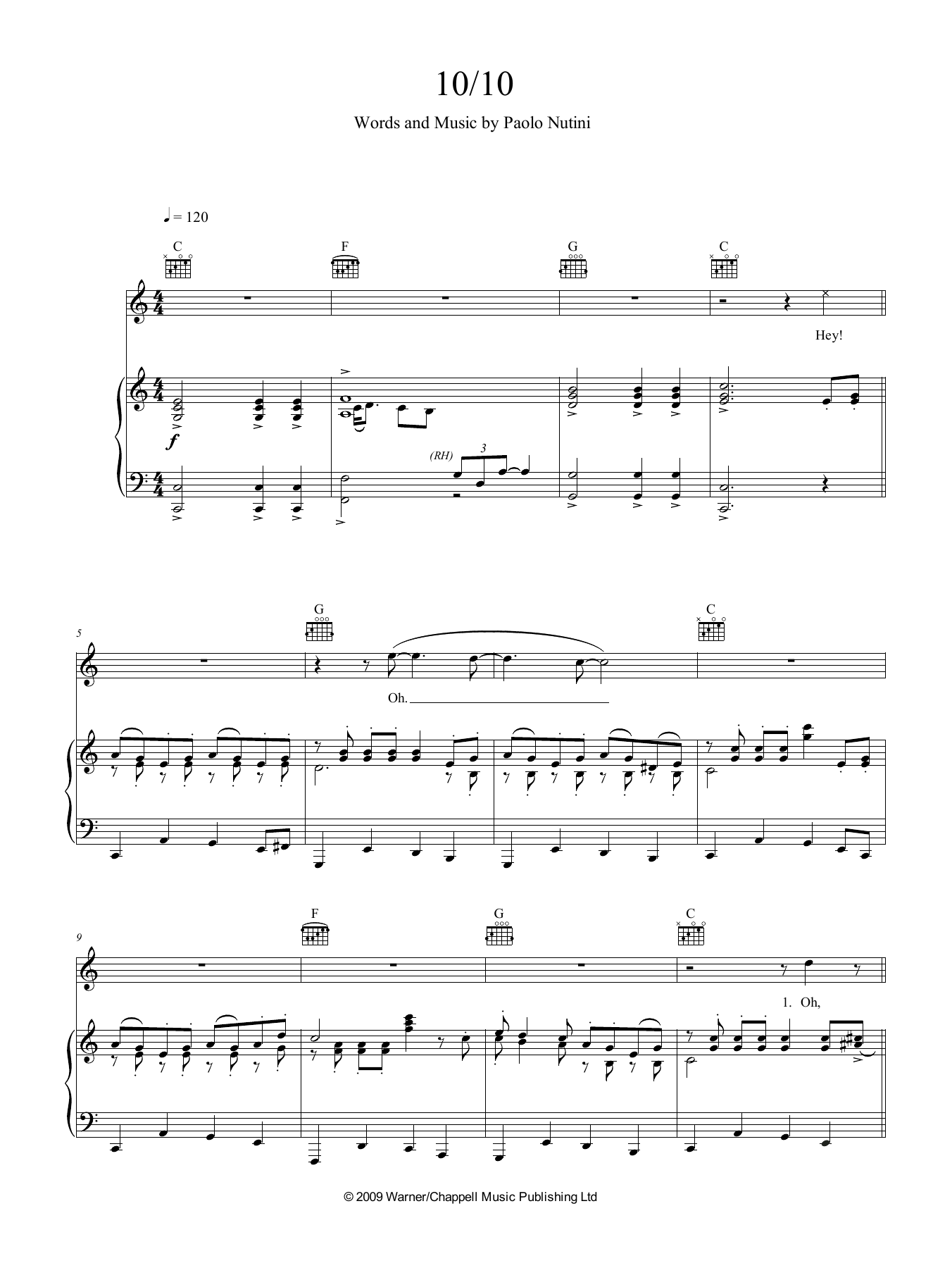 Paolo Nutini 10 Out Of 10 Sheet Music Notes & Chords for Piano, Vocal & Guitar (Right-Hand Melody) - Download or Print PDF