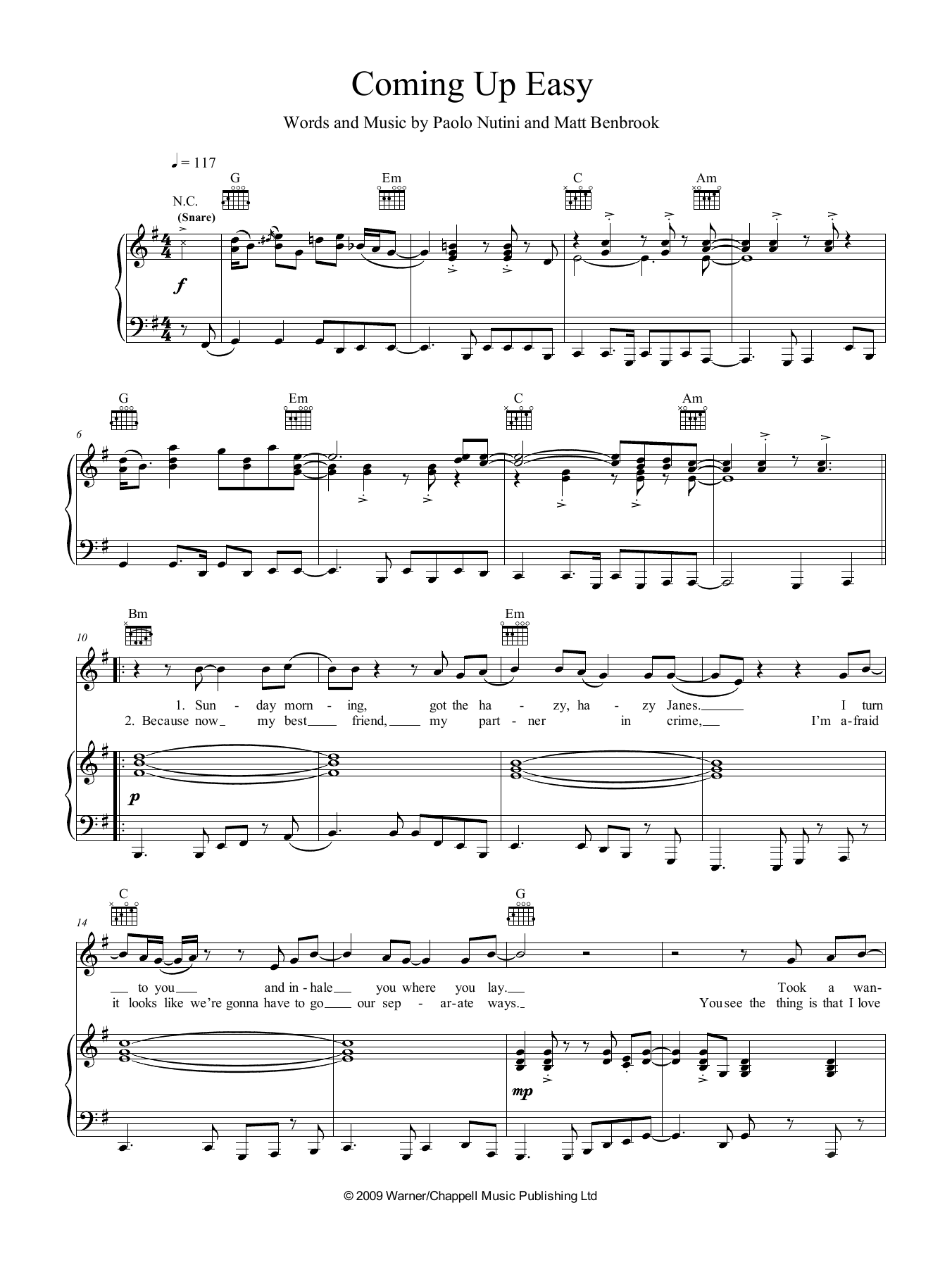 Paolo Nutini Coming Up Easy Sheet Music Notes & Chords for Piano, Vocal & Guitar (Right-Hand Melody) - Download or Print PDF
