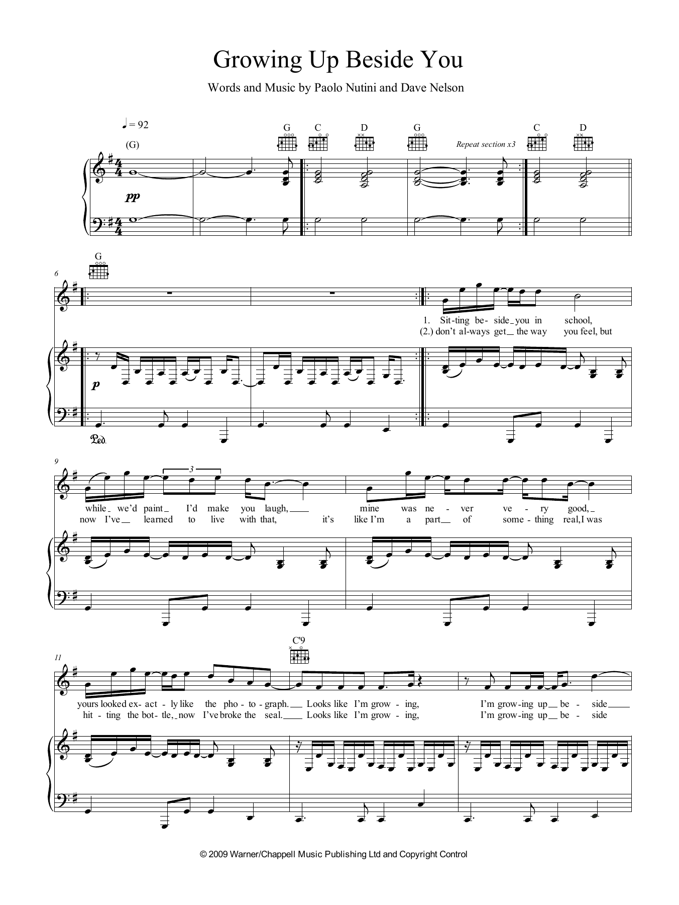 Paolo Nutini Growing Up Beside You Sheet Music Notes & Chords for Piano, Vocal & Guitar (Right-Hand Melody) - Download or Print PDF
