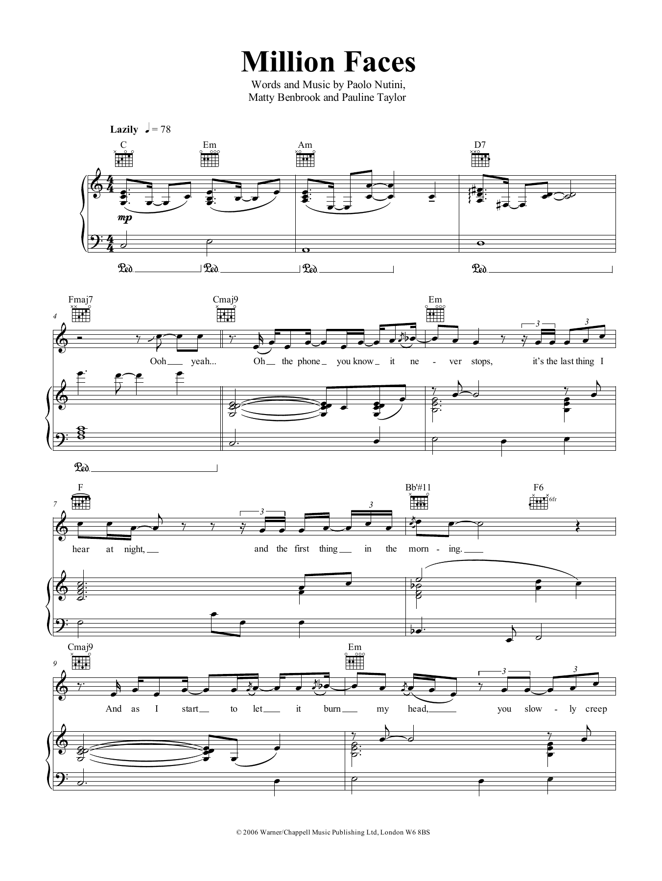 Paolo Nutini Million Faces Sheet Music Notes & Chords for Piano, Vocal & Guitar (Right-Hand Melody) - Download or Print PDF