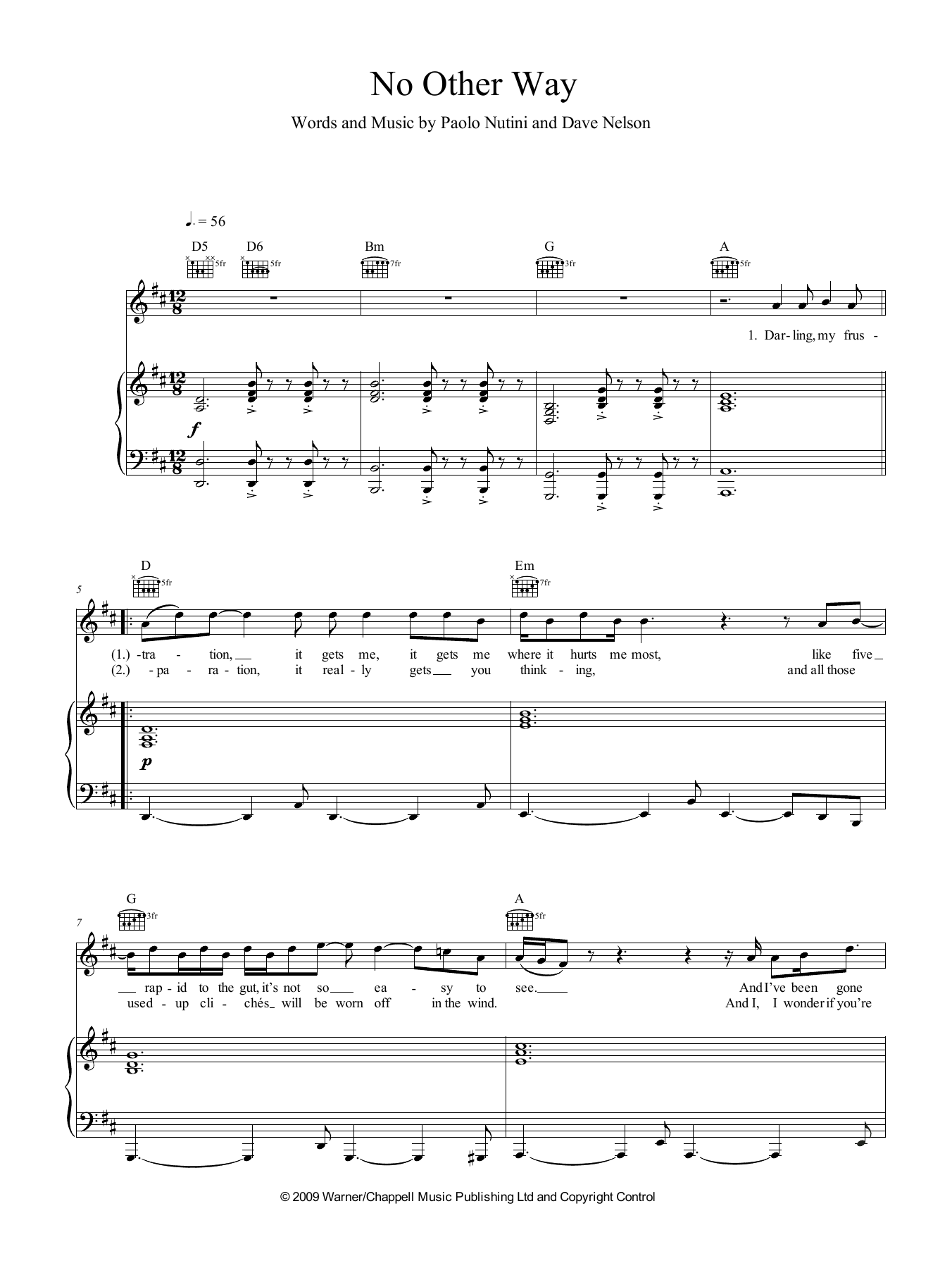 Paolo Nutini No Other Way Sheet Music Notes & Chords for Piano, Vocal & Guitar (Right-Hand Melody) - Download or Print PDF