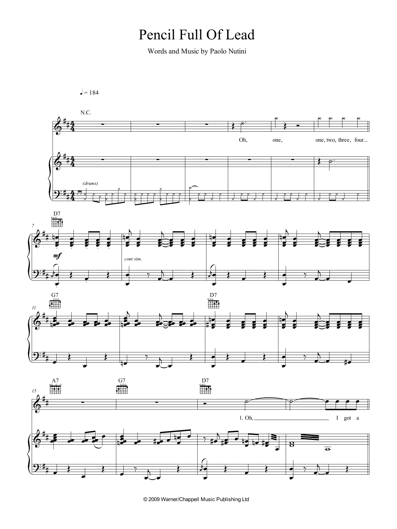 Paolo Nutini Pencil Full Of Lead Sheet Music Notes & Chords for Piano, Vocal & Guitar (Right-Hand Melody) - Download or Print PDF