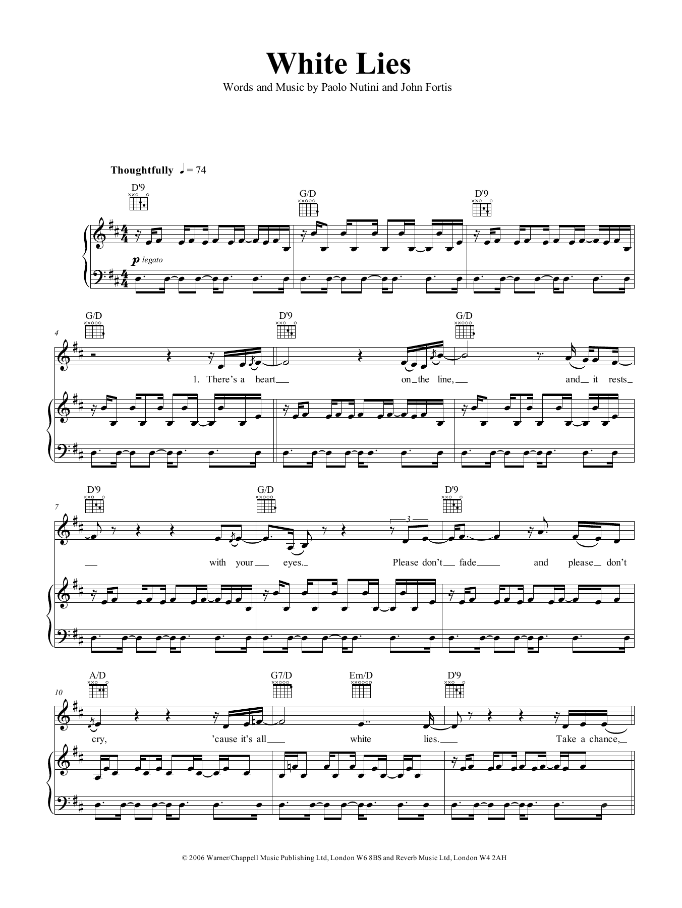 Paolo Nutini White Lies Sheet Music Notes & Chords for Piano, Vocal & Guitar (Right-Hand Melody) - Download or Print PDF