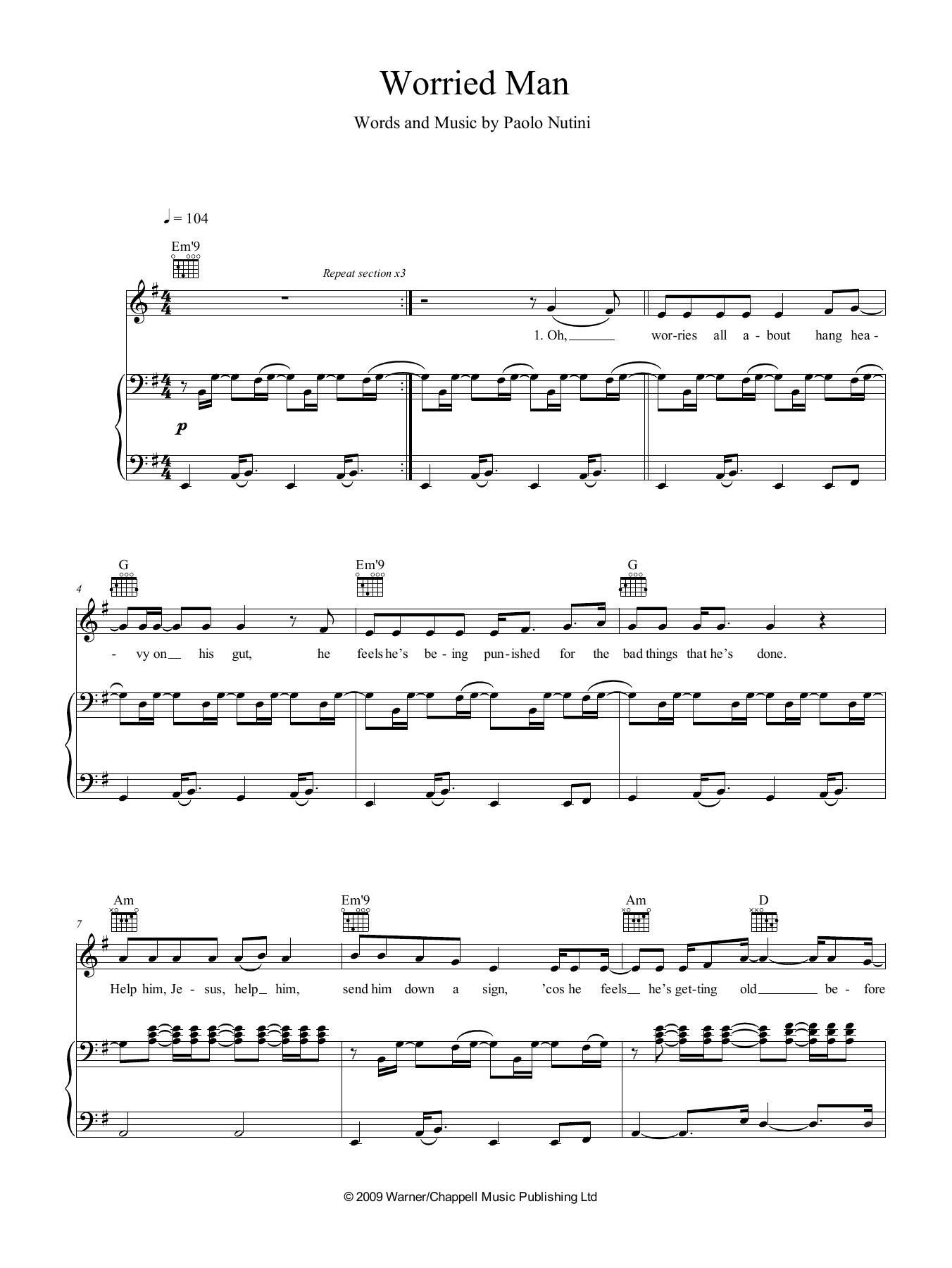 Paolo Nutini Worried Man Sheet Music Notes & Chords for Piano, Vocal & Guitar (Right-Hand Melody) - Download or Print PDF