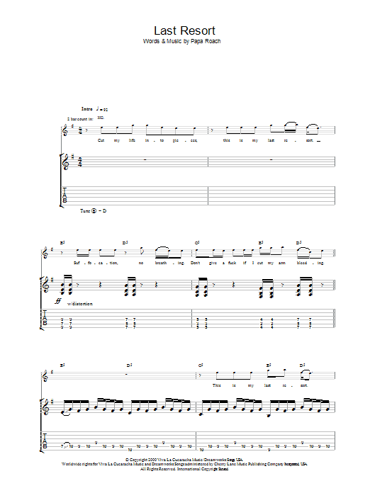 Papa Roach Last Resort Sheet Music Notes & Chords for Lyrics & Chords - Download or Print PDF