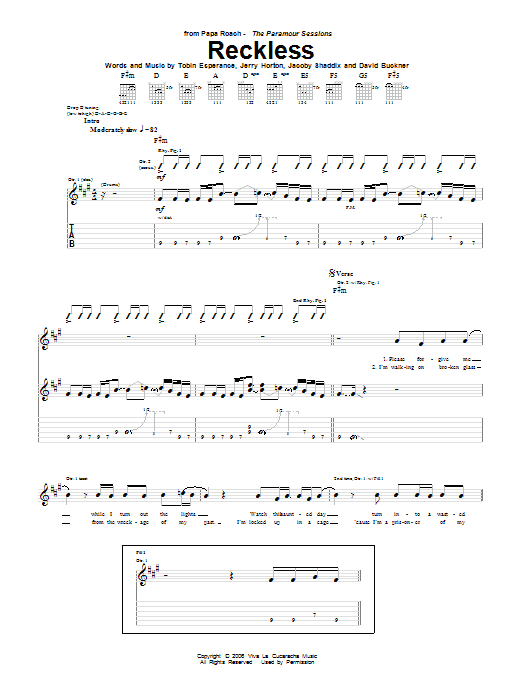 Papa Roach Reckless Sheet Music Notes & Chords for Guitar Tab - Download or Print PDF