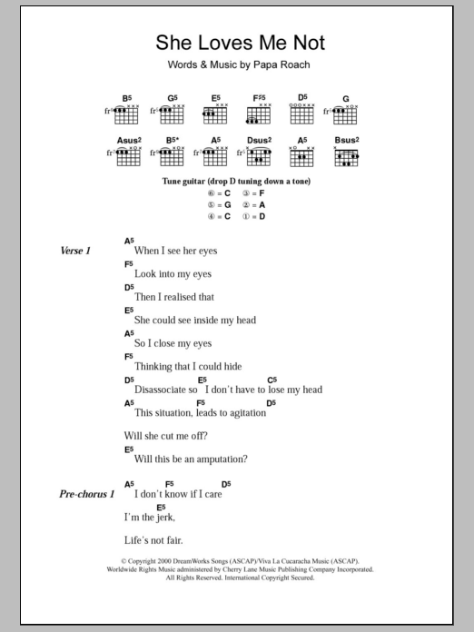 Papa Roach She Loves Me Not Sheet Music Notes & Chords for Lyrics & Chords - Download or Print PDF