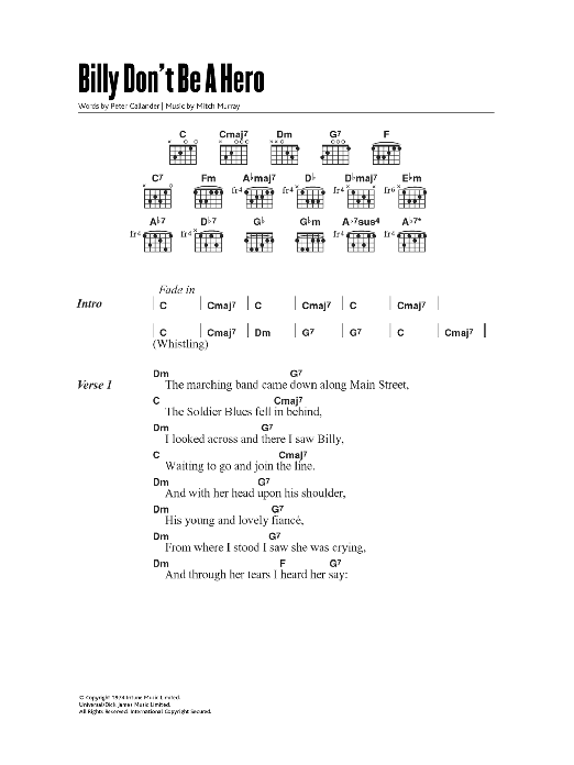 Paper Lace Billy, Don't Be A Hero Sheet Music Notes & Chords for Lyrics & Chords - Download or Print PDF