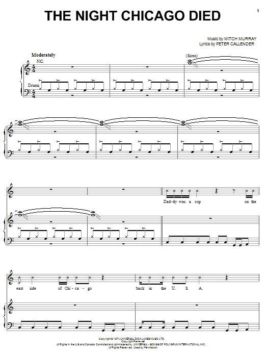 Paper Lace The Night Chicago Died Sheet Music Notes & Chords for Piano, Vocal & Guitar (Right-Hand Melody) - Download or Print PDF