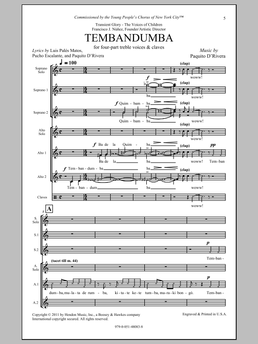Paquito D'Rivera Tembandumba Sheet Music Notes & Chords for SSA - Download or Print PDF