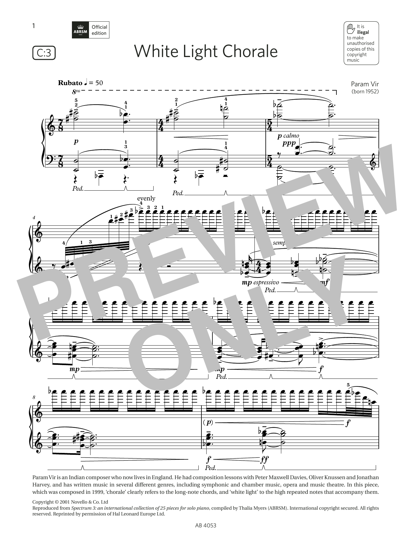 Param Vir White Light Chorale (Grade 7, list C3, from the ABRSM Piano Syllabus 2023 & 2024) Sheet Music Notes & Chords for Piano Solo - Download or Print PDF