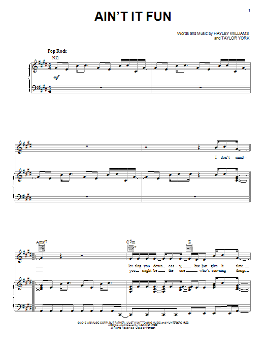 Paramore Ain't It Fun Sheet Music Notes & Chords for Piano, Vocal & Guitar (Right-Hand Melody) - Download or Print PDF