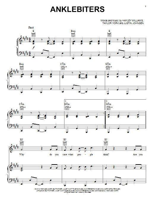 Paramore Anklebiters Sheet Music Notes & Chords for Piano, Vocal & Guitar (Right-Hand Melody) - Download or Print PDF