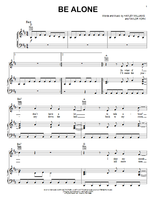 Paramore Be Alone Sheet Music Notes & Chords for Piano, Vocal & Guitar (Right-Hand Melody) - Download or Print PDF